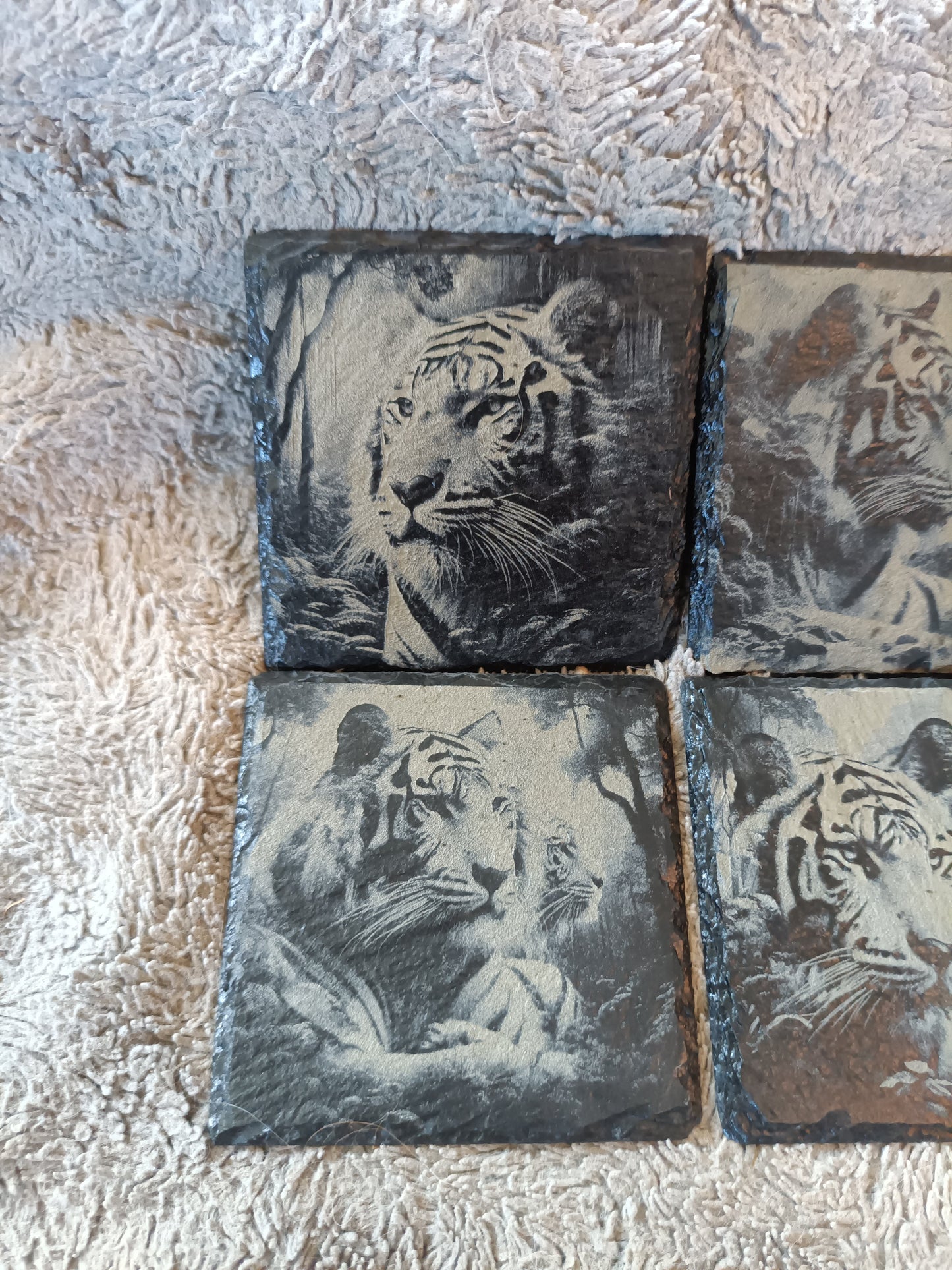 Tiger Slate Coasters | Rustic Wildlife Drink Coasters | Unique Jungle Decor Gift Kings Crown Laser Engraving