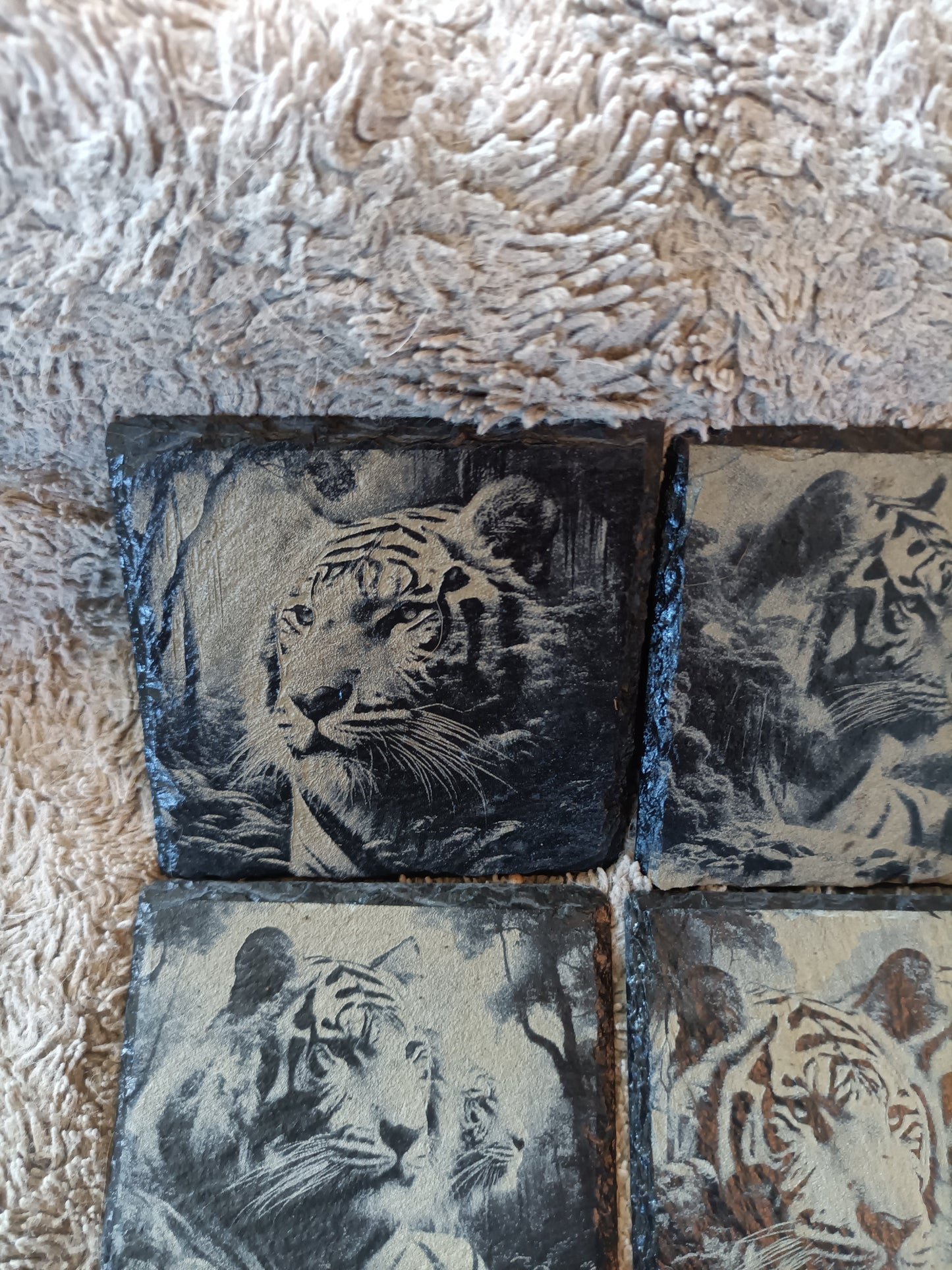 Tiger Slate Coasters | Rustic Wildlife Drink Coasters | Unique Jungle Decor Gift Kings Crown Laser Engraving