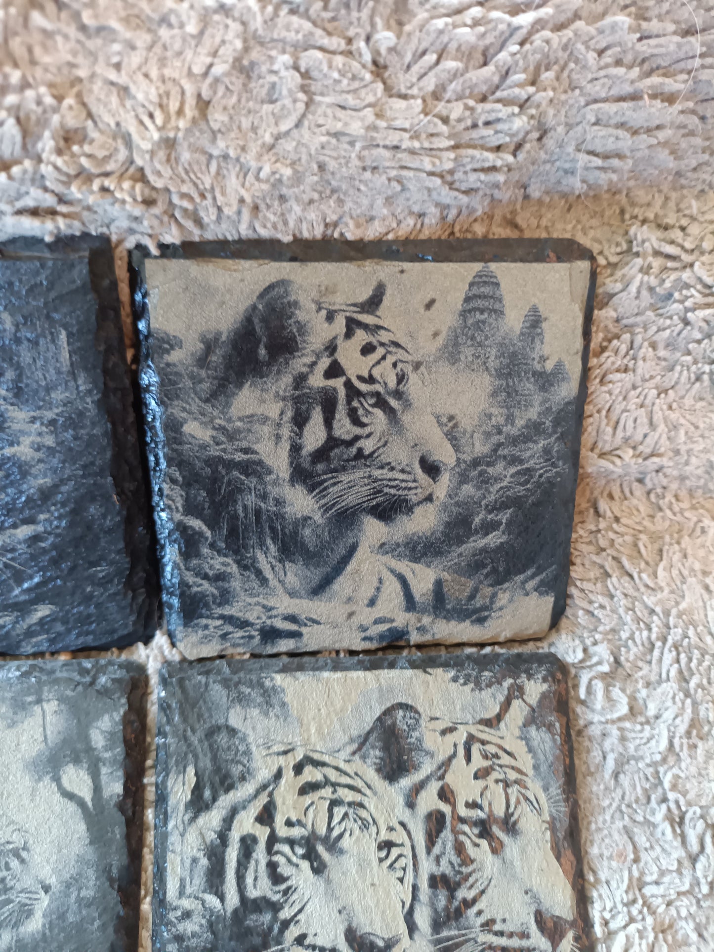 Tiger Slate Coasters | Rustic Wildlife Drink Coasters | Unique Jungle Decor Gift Kings Crown Laser Engraving