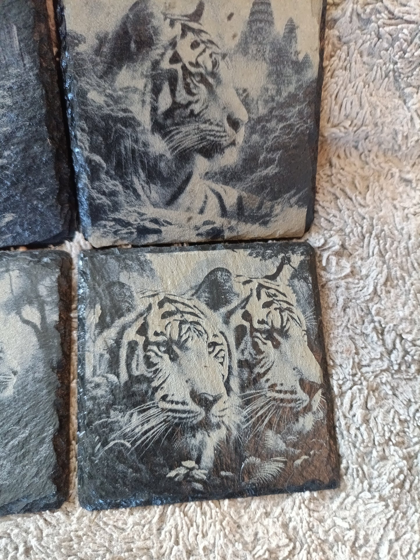Tiger Slate Coasters | Rustic Wildlife Drink Coasters | Unique Jungle Decor Gift Kings Crown Laser Engraving