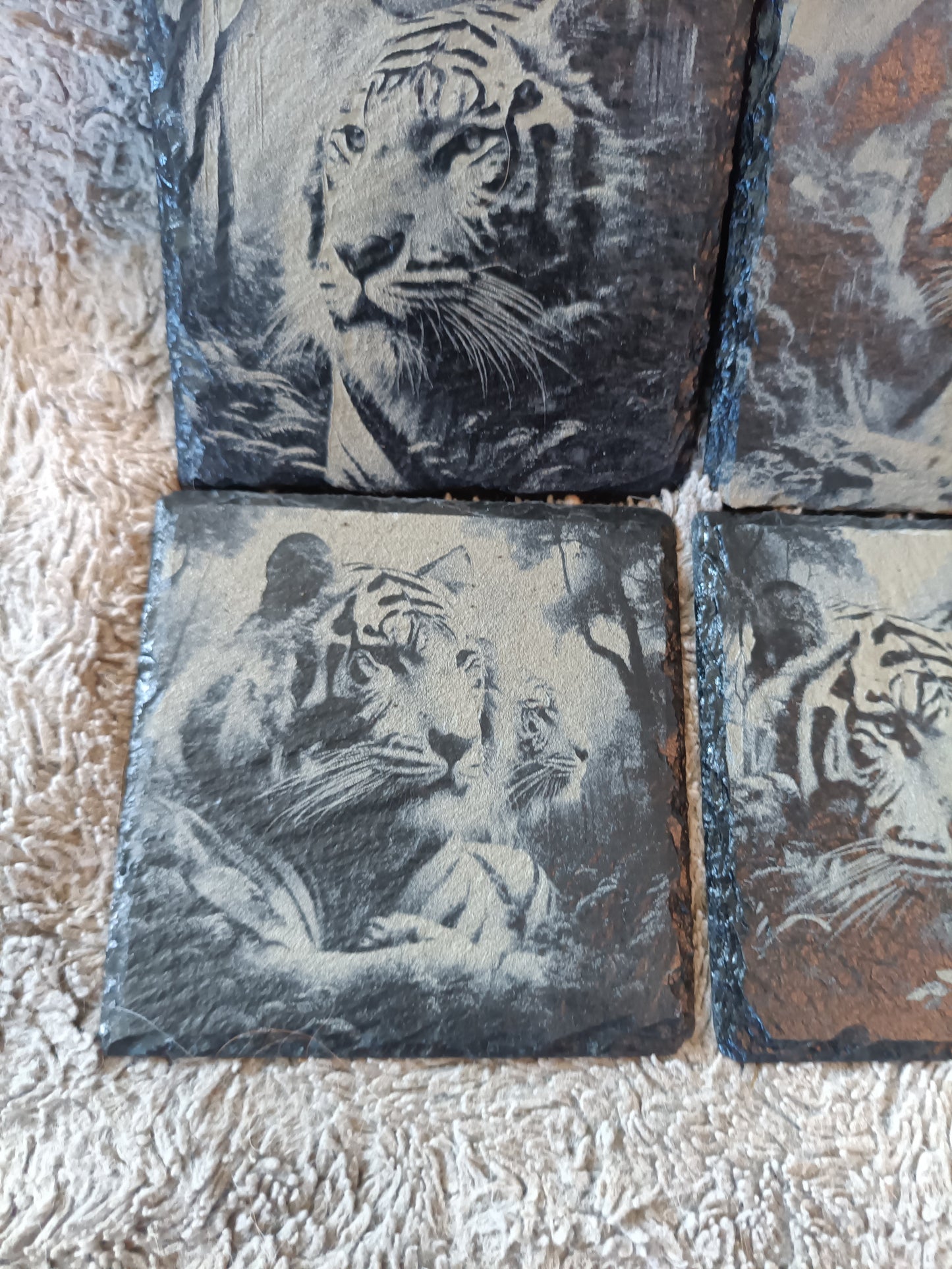 Tiger Slate Coasters | Rustic Wildlife Drink Coasters | Unique Jungle Decor Gift Kings Crown Laser Engraving