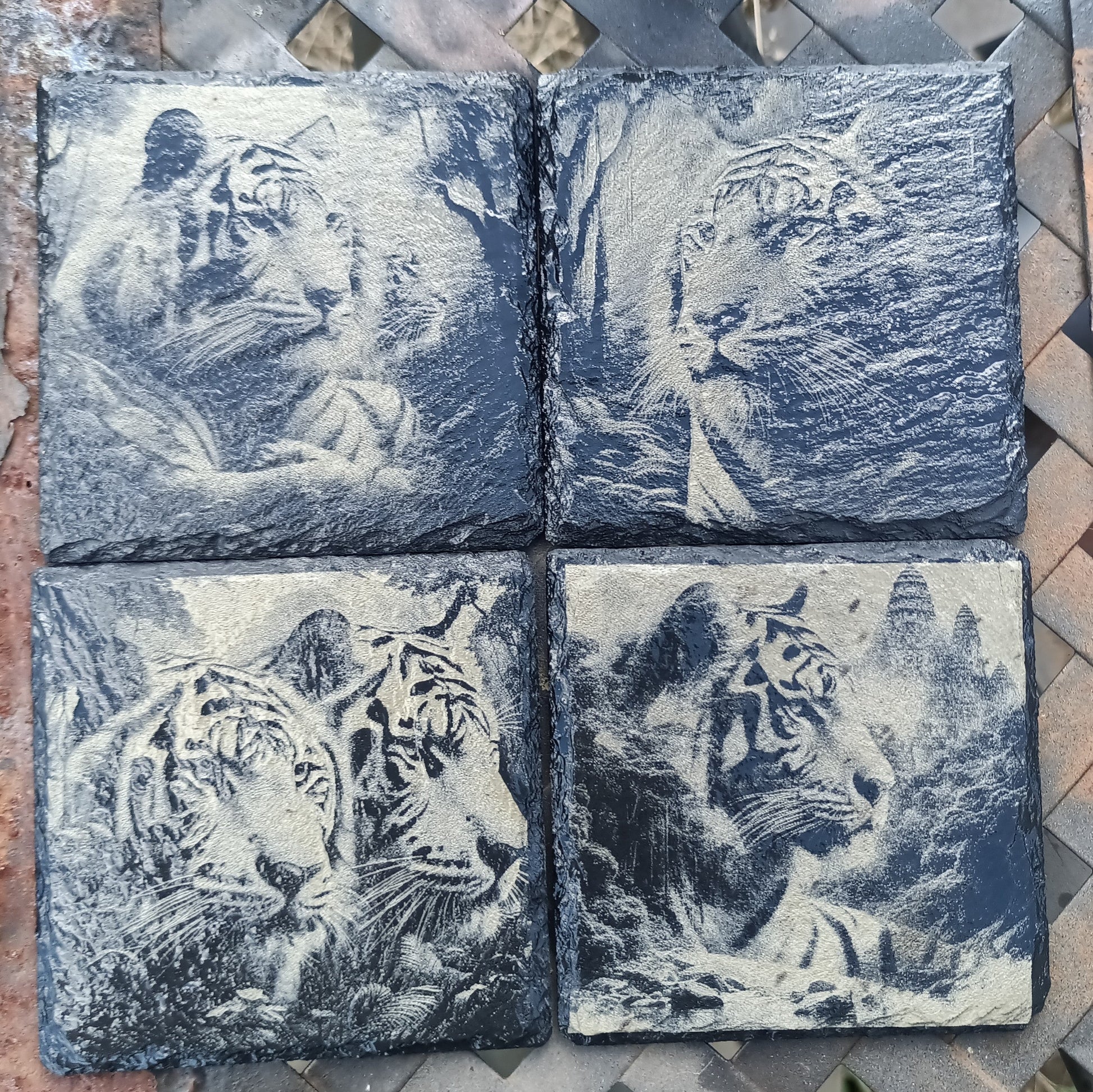 Tiger Slate Coasters | Rustic Wildlife Drink Coasters | Unique Jungle Decor Gift Kings Crown Laser Engraving