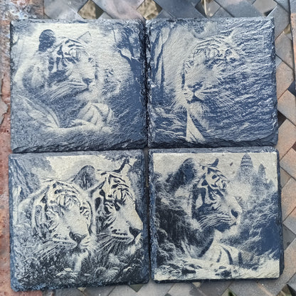 Tiger Slate Coasters | Rustic Wildlife Drink Coasters | Unique Jungle Decor Gift Kings Crown Laser Engraving
