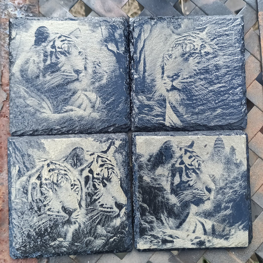 Tiger Slate Coasters | Rustic Wildlife Drink Coasters | Unique Jungle Decor Gift Kings Crown Laser Engraving