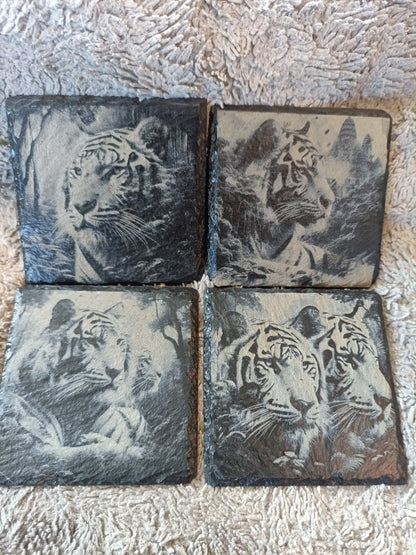 Tiger Slate Coasters | Rustic Wildlife Drink Coasters | Unique Jungle Decor Gift Kings Crown Laser Engraving