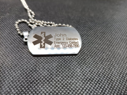 Medical Alert Dog tag Necklace Kings Crown Laser Engraving