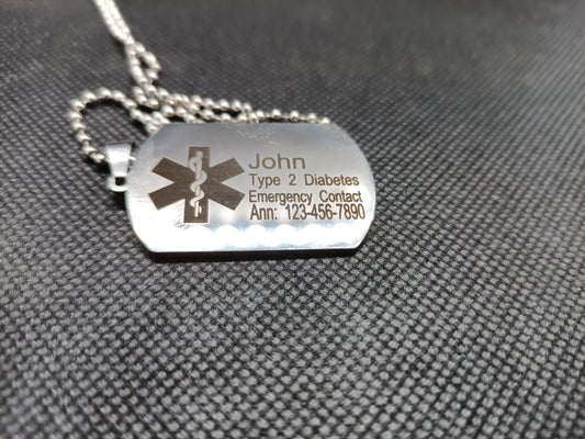 Medical Alert Dog tag Necklace Kings Crown Laser Engraving