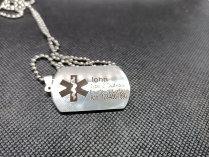 Medical Alert Dog tag Necklace Kings Crown Laser Engraving
