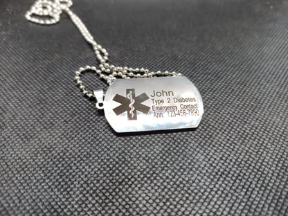 Medical Alert Dog tag Necklace Kings Crown Laser Engraving