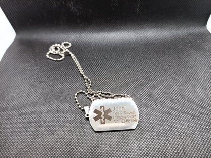 Medical Alert Dog tag Necklace Kings Crown Laser Engraving