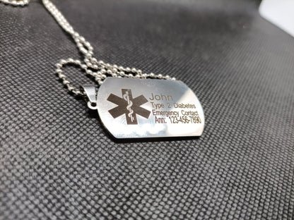 Medical Alert Dog tag Necklace Kings Crown Laser Engraving