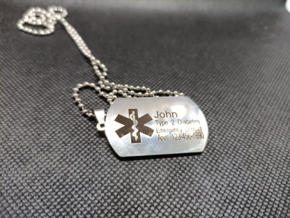 Medical Alert Dog tag Necklace Kings Crown Laser Engraving