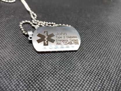 Medical Alert Dog tag Necklace Kings Crown Laser Engraving